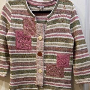 PER UNA BRAND MULTICOLORED 3 BUTTON CARDIGAN SWEATER PINK CREME OLIVE PTP 18/19”